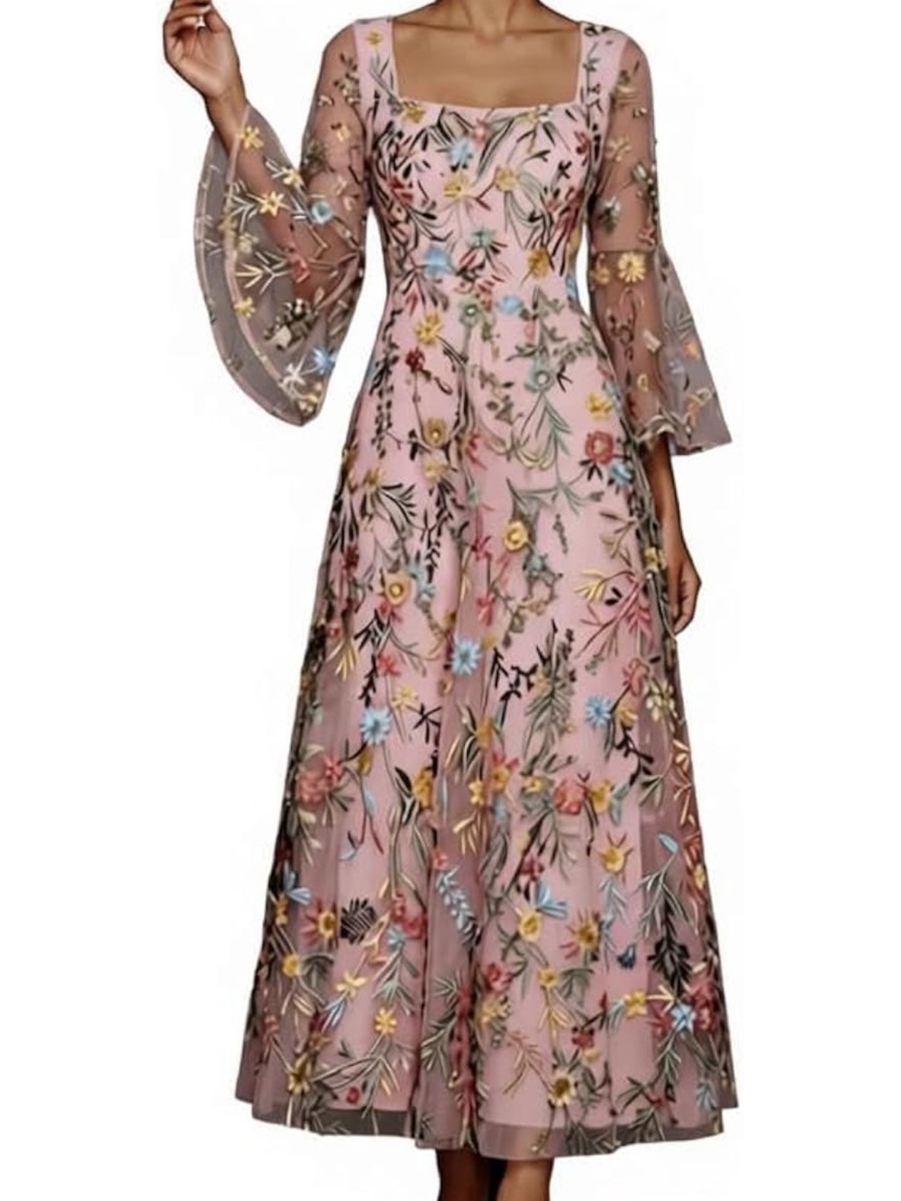 Embroidered Pink Floral Maxi Dress with Sheer Bell Sleeves-Size 12 - New!